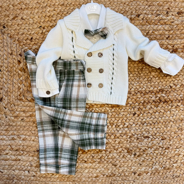 Completo cerimonia bimbo panna e verde tartan con cardigan