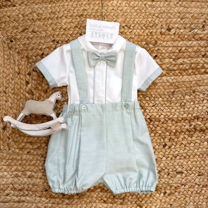 completo battesimo bimbo con bretelle verde salvia e papillon