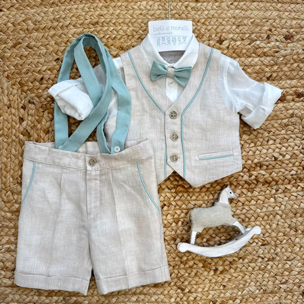 completo battesimo bimbo lino con gilet e bretelle verde salvia