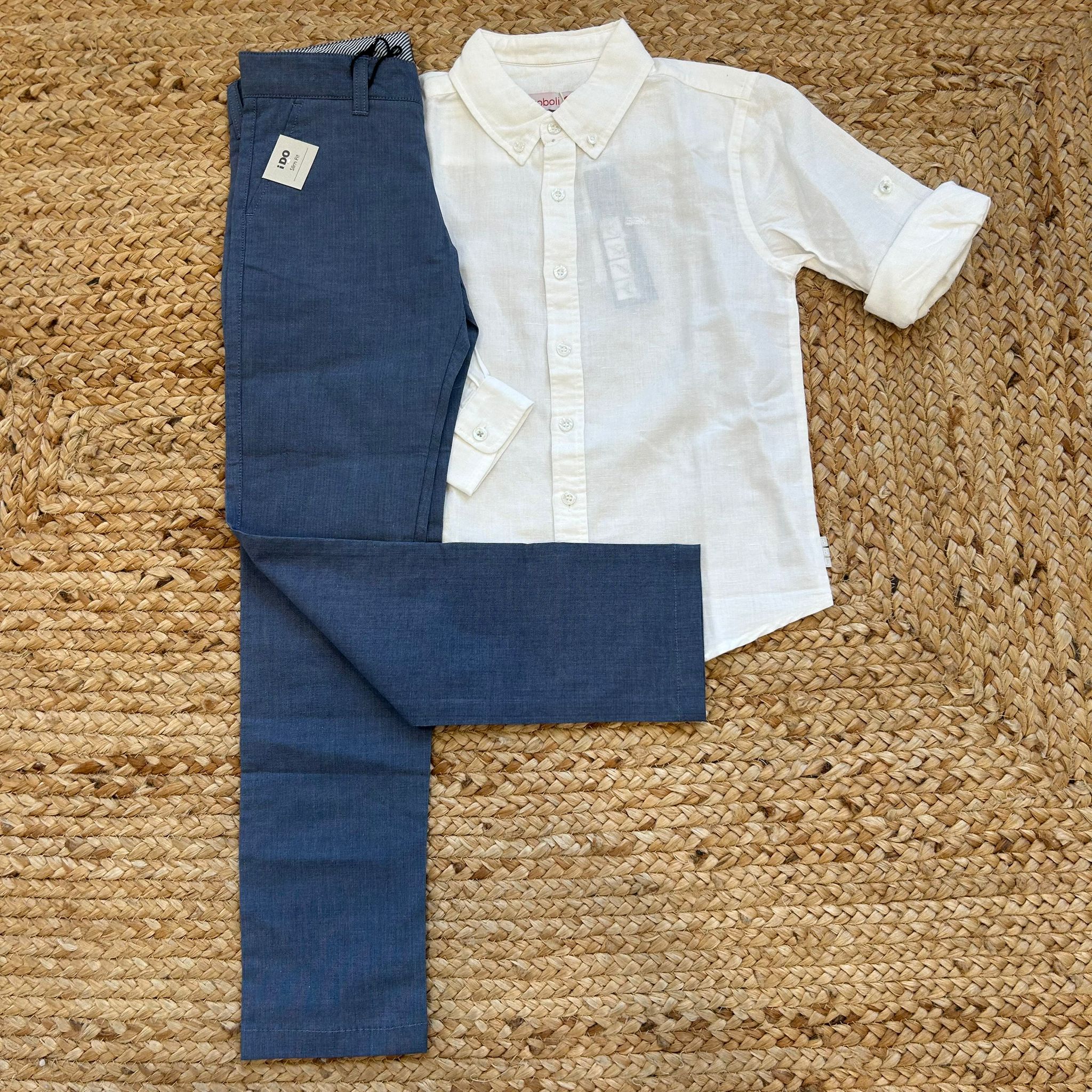 completo elegante bambino camicia bianca lino e pantalone blu slim fit iDO