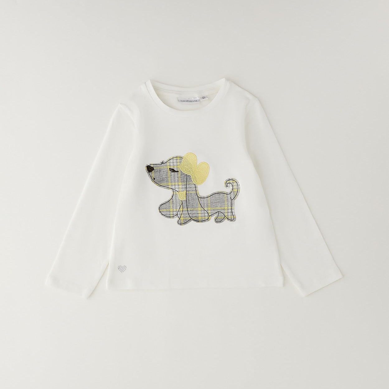 Completo 3 pezzi bimba con cardigan bianco fiocchi gialli, maglia e gonna tartan grigia e gialla