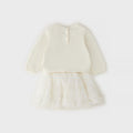 	Completo elegante bimba avorio con maglioncino a cuori e gonna in tulle dorato