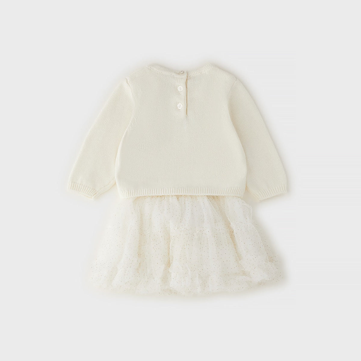 	Completo elegante bimba avorio con maglioncino a cuori e gonna in tulle dorato