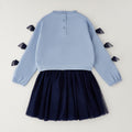 Completo bimba azzurro e blu con maglia con fiocchi e gonna in tulle