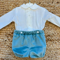 Completo Battesimo bimbo con camicia bianca e pantaloncino in velluto verde salvia