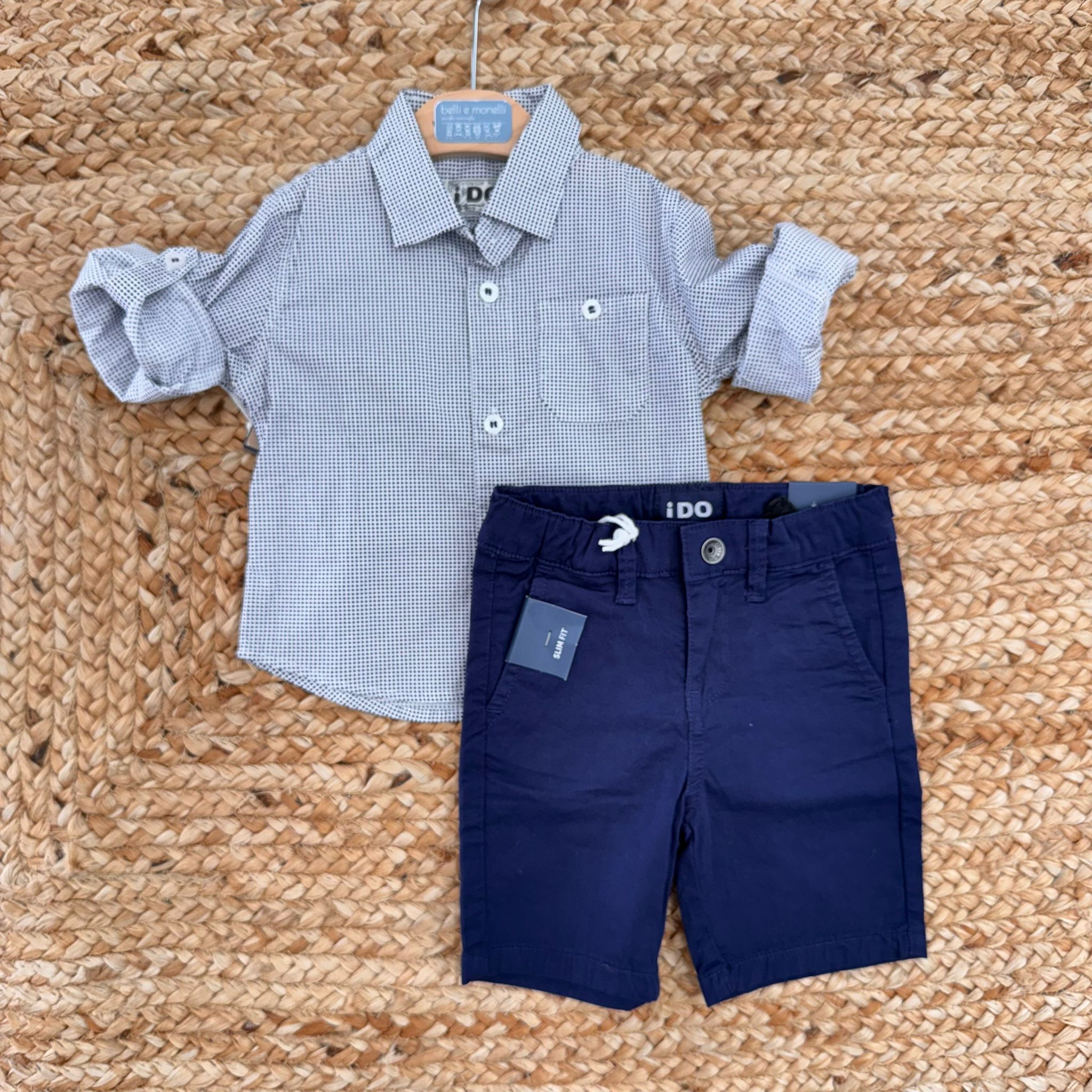 Completo estivo iDO con camicia microfantasia e bermuda blu
