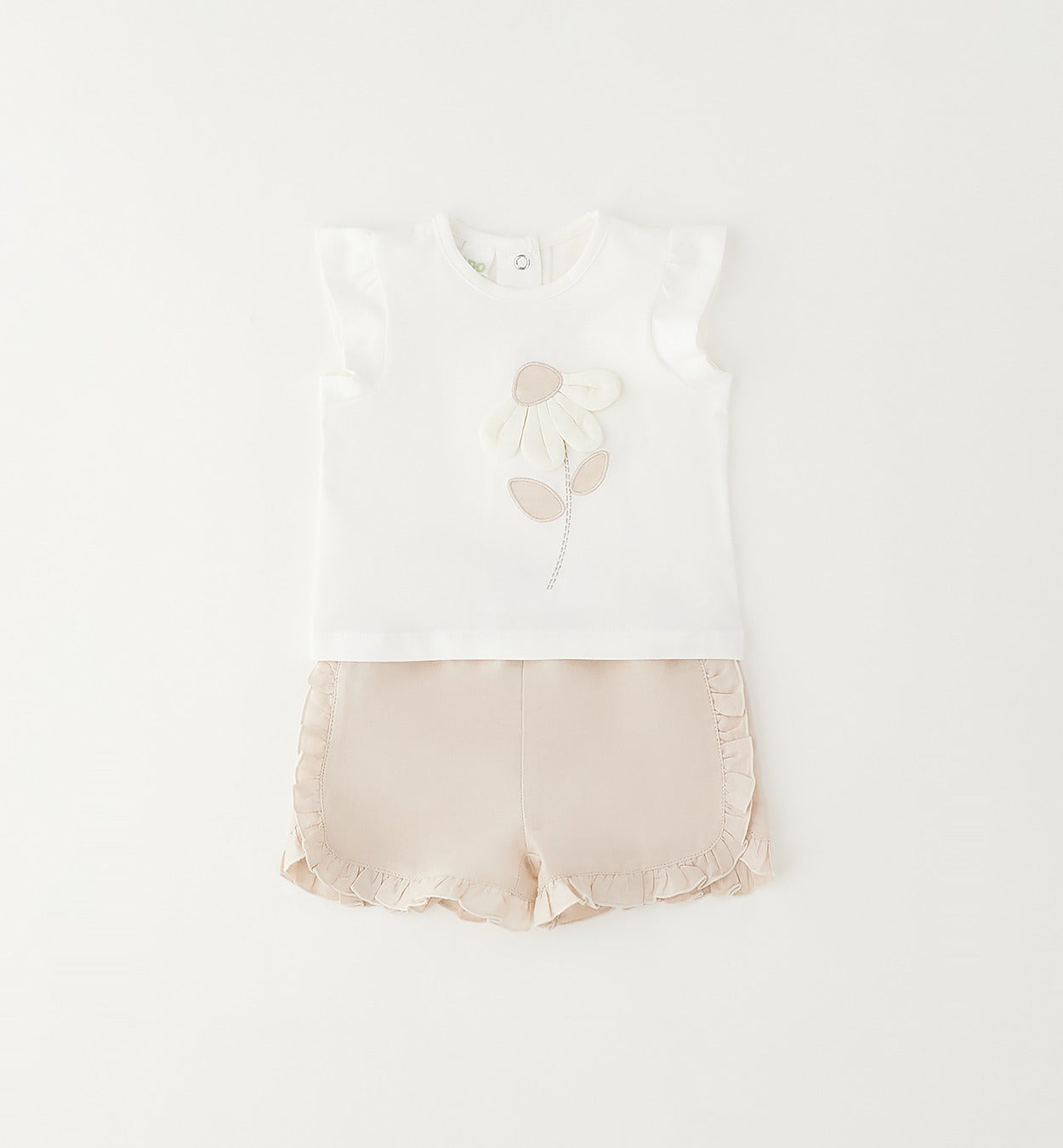 completo estivo bambina elegante con maglia fiore applicato e pantaloncino lino cotone