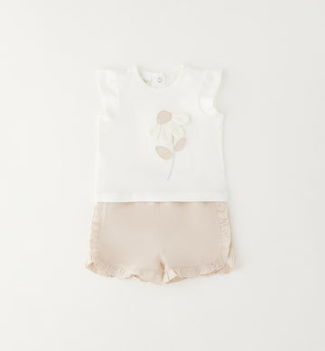 completo estivo bambina elegante con maglia fiore applicato e pantaloncino lino cotone