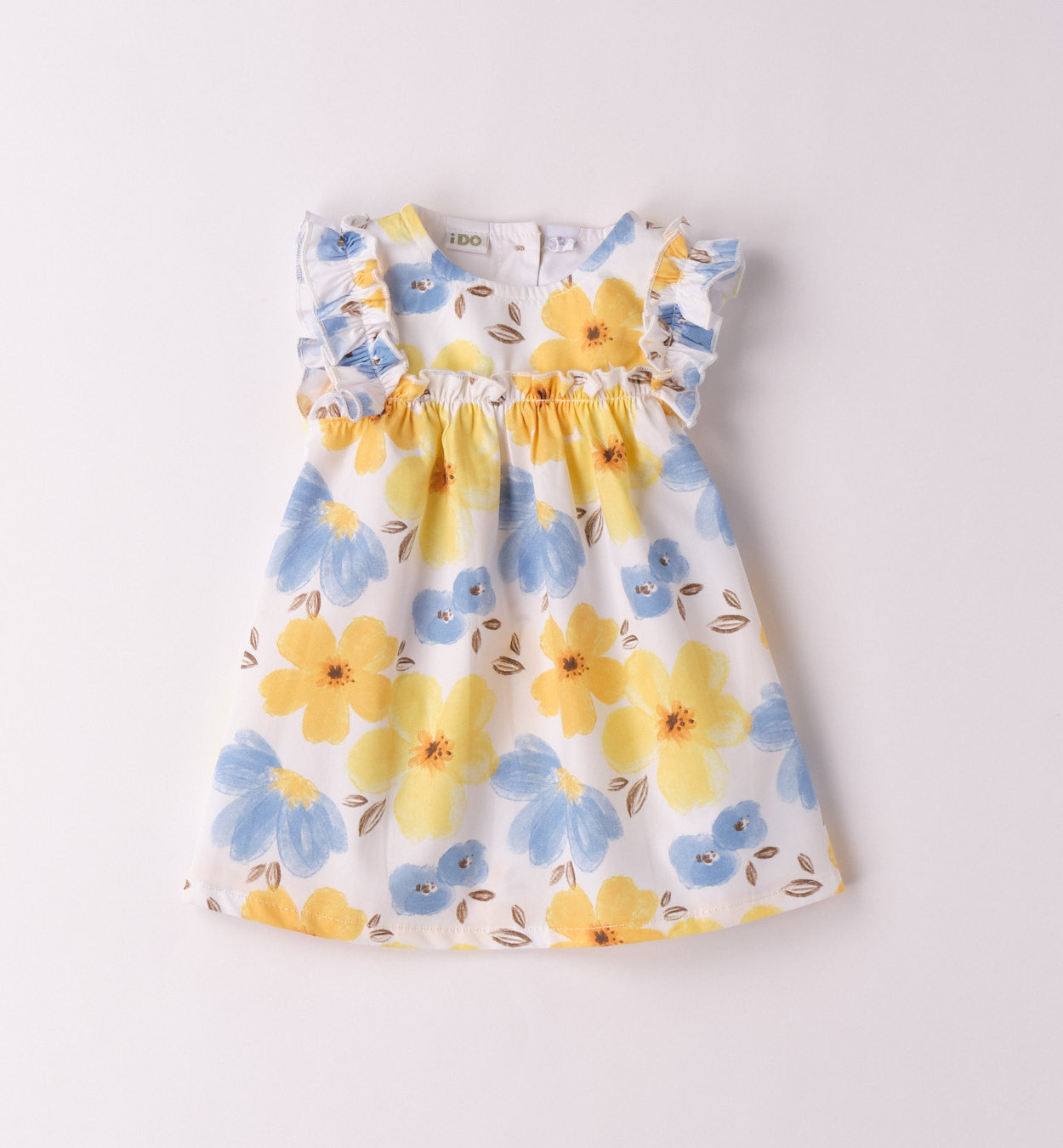 Completo estivo per bambina con fantasia floreale gialla e blu, perfetto per la stagione calda.
