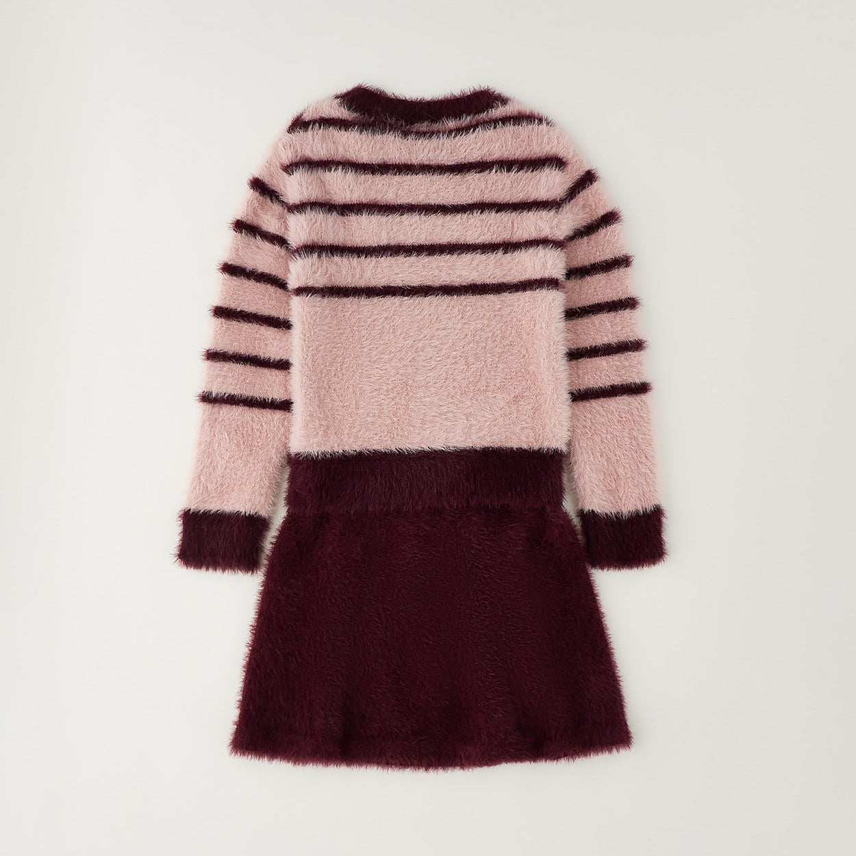 Completo bimba rosa e bordeaux effetto peluche con gonna