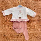 Completo invernale neonata con maglia coniglietto panna e pantalone rosa caldo

