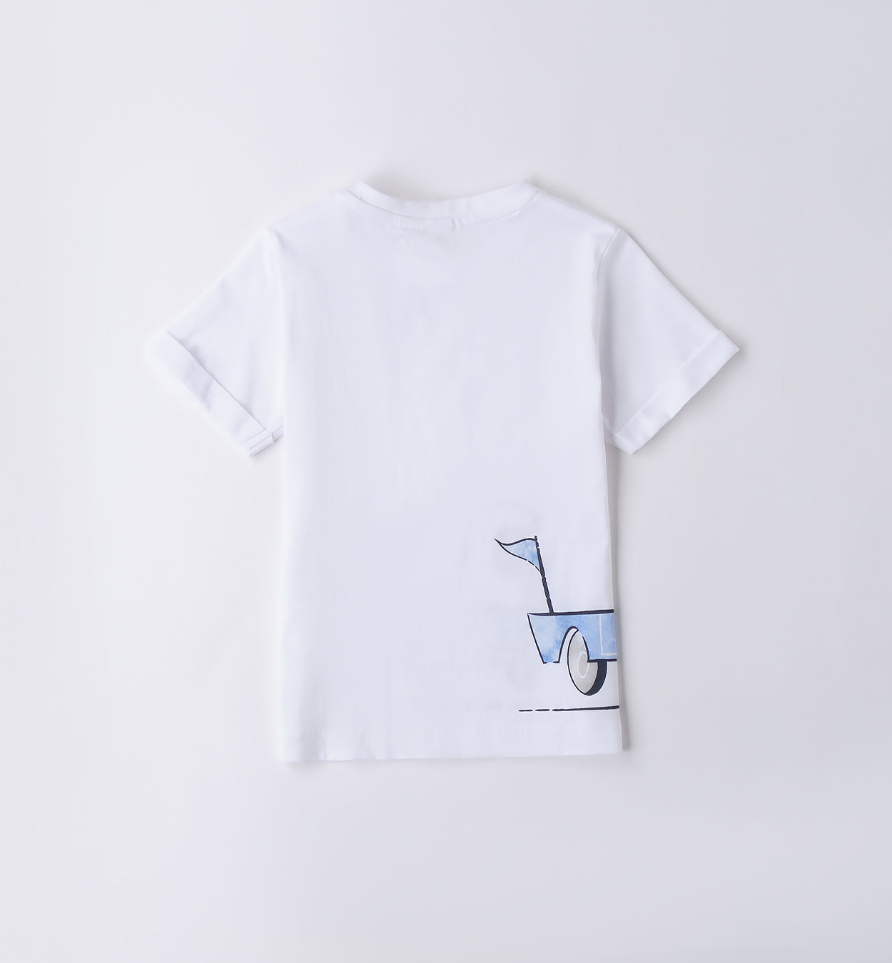 T-shirt bianca con stampa e pantaloncini blu per bambino, abbigliamento estivo casual.