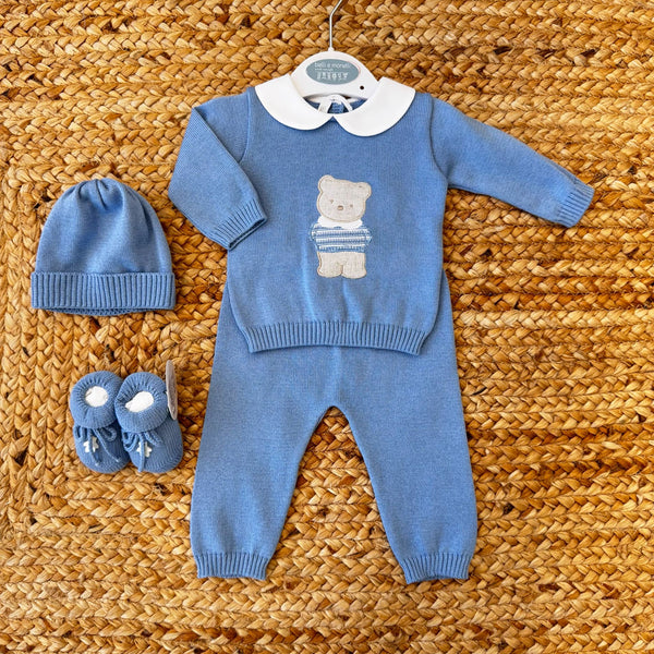 Completo nascita Baby Lord in filo di cotone blu con orsetto applicato