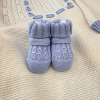 Coordinato neonato completo: tutina, cappellino e scarpine in lana merino azzurro e panna
