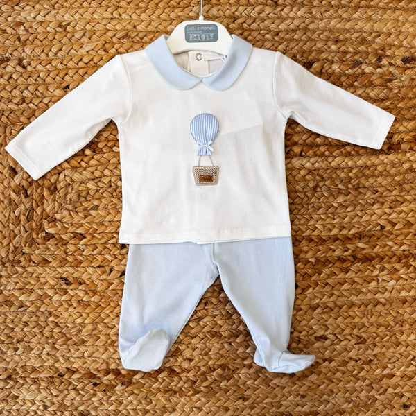 Completo nascita bianco e celeste con mongolfiera ricamata