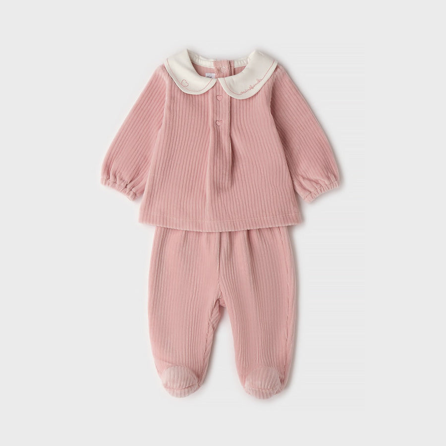 Completo nascita neonata in ciniglia rosa con colletto ricamato