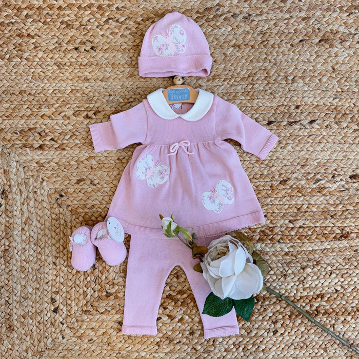 Completo nascita neonata con farfalle in filo rosa