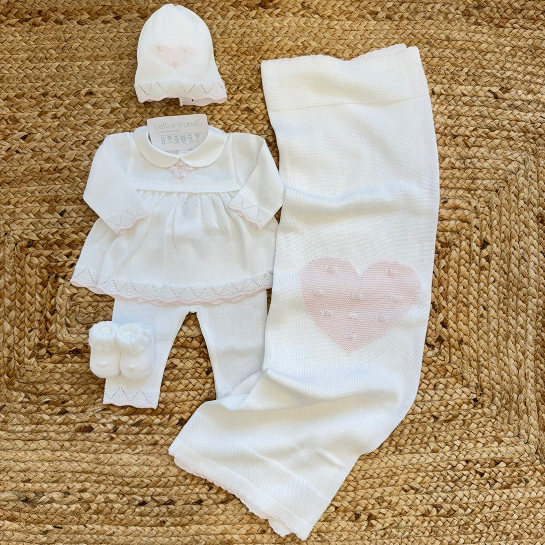 completo nascita neonata filo di scozia panna e rosa con copertina