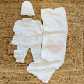 completo nascita neonata filo di scozia panna e rosa con copertina