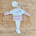 Completo nascita neonata Juliana panna con righe rosa e verde salvia