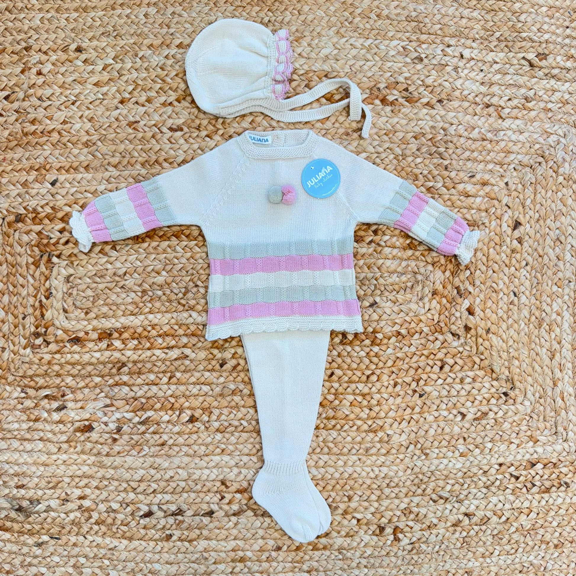 Completo nascita neonata Juliana panna con righe rosa e verde salvia