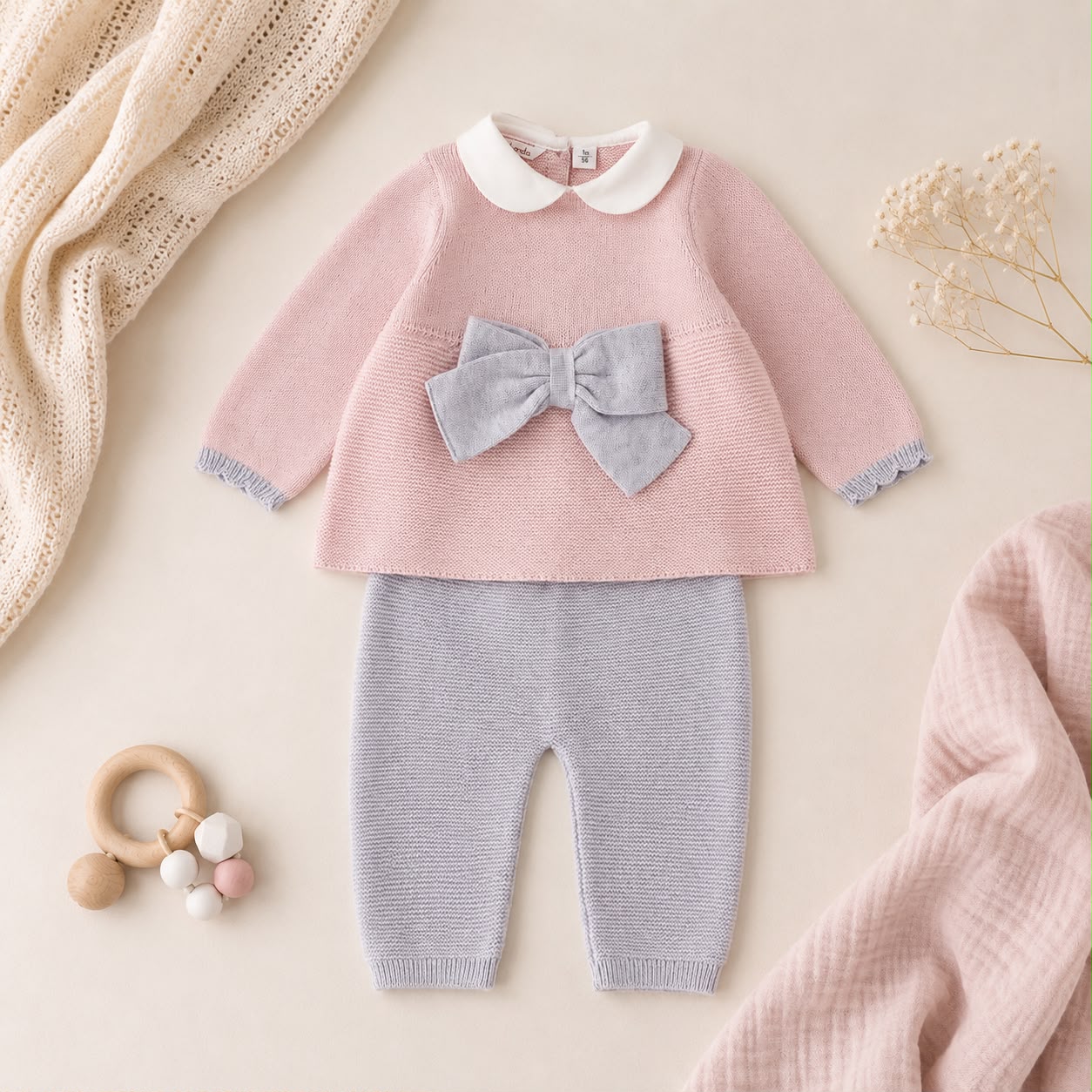 Completo neonata rosa e grigio in cotone e lana con fiocco, pantalone e cappellino coordinato.