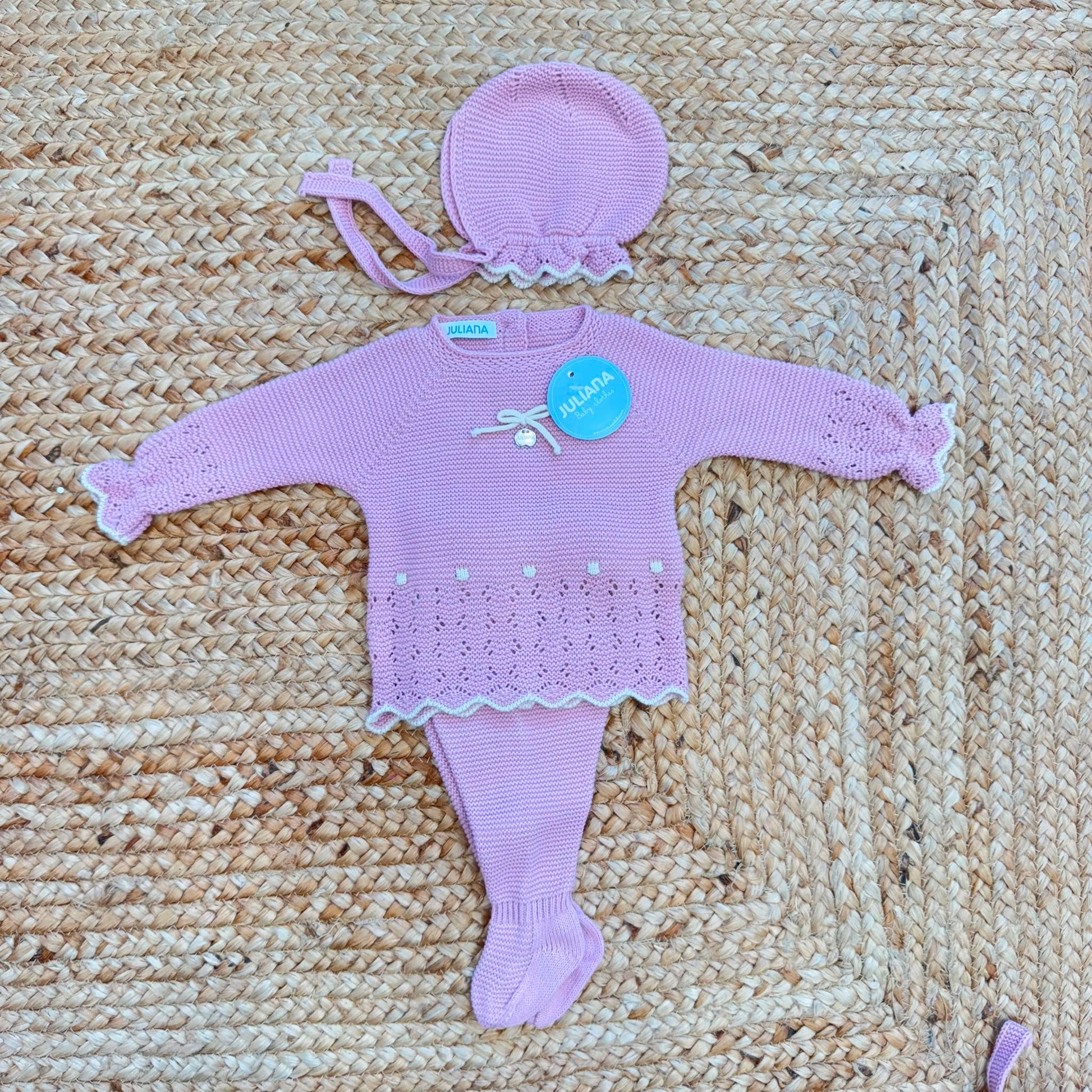 Completo nascita neonata rosa in maglia con ghettina e cuffietta coordinata Juliana.