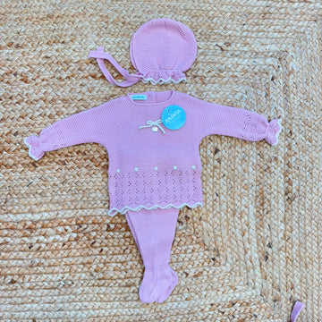 Completo nascita neonata rosa in maglia con ghettina e cuffietta coordinata Juliana.