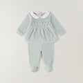 Completo nascita neonata verde menta in ciniglia con colletto bianco, lavorazione intrecciata e pantalone con piedini