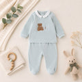 Completo neonato in ciniglia verde menta con orsetti, colletto bianco e pantalone con piedini