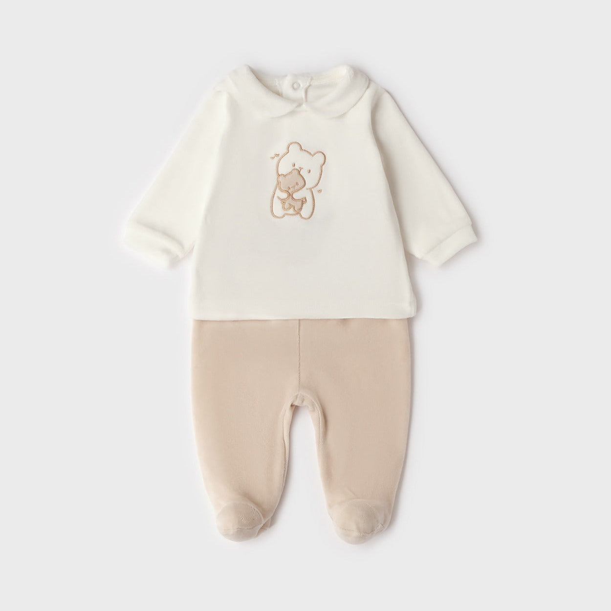 Completo nascita unisex in ciniglia panna e beige con ricamo orsetto ideale per corredino e baby shower