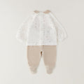 Completo neonato unisex in ciniglia bianco e beige con orsetto, stelline e pantalone con piedini
