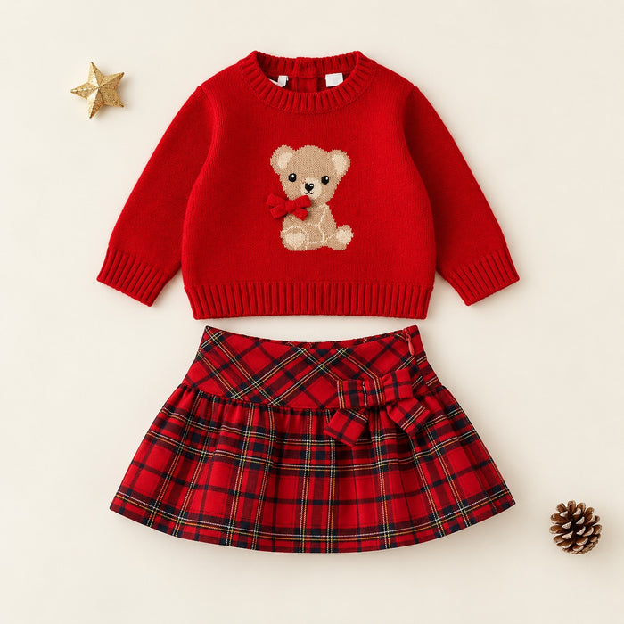 	Completo natalizio bimba con maglioncino rosso orsetto e gonna tartan