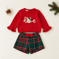 	Completo natalizio bimba con maglioncino rosso Love e pantaloncini tartan