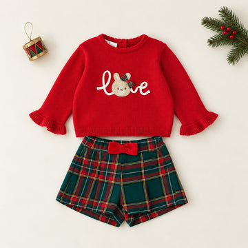 	Completo natalizio bimba con maglioncino rosso Love e pantaloncini tartan
