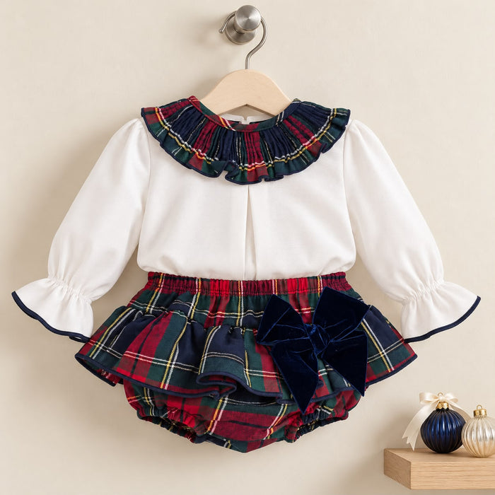Completo natalizio bimba tartan Calamaro Baby con camicetta bianca, colletto a volant, coulotte scozzese e fiocco blu