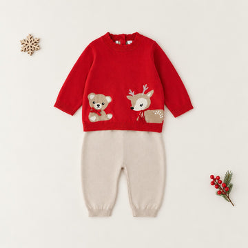 Completo natalizio neonata in cotone con maglioncino rosso orsetto e renna e pantaloni panna