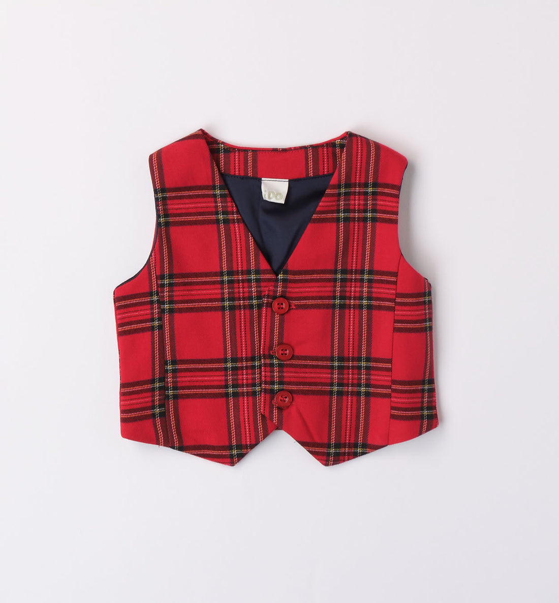 completo neonato in caldo cotone con gilet scozzese rosso, camicia bianca e pantaloni blu