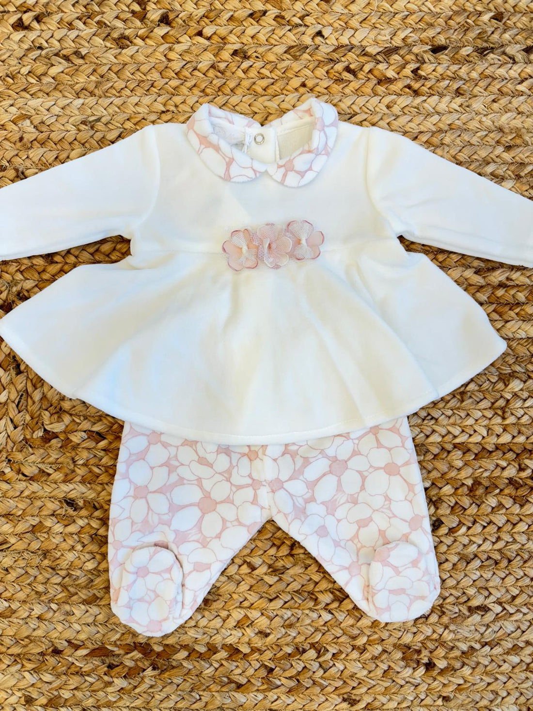Completo ciniglia neonata con tunica panna e pantalone margherite rosa

