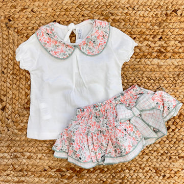 completo neonata cotone con colletto floreale e culotte elegante