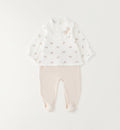 Completo neonata due pezzi in cotone con stampa fiocchetti e ghettina rosa