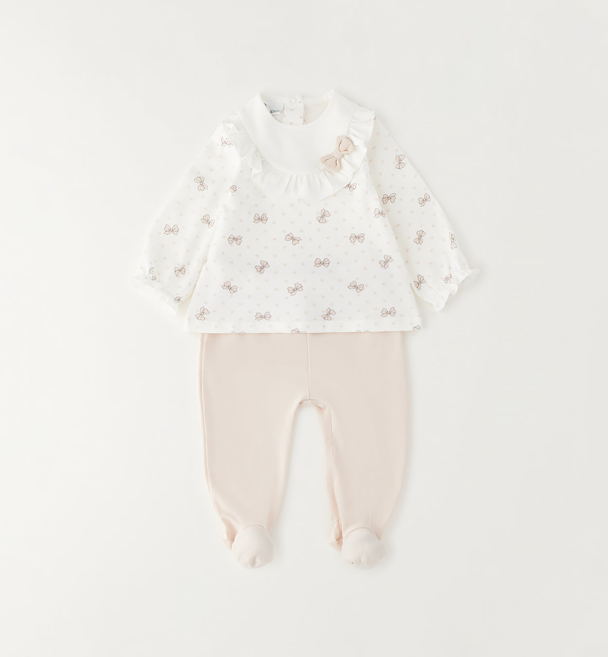 Completo neonata due pezzi in cotone con stampa fiocchetti e ghettina rosa