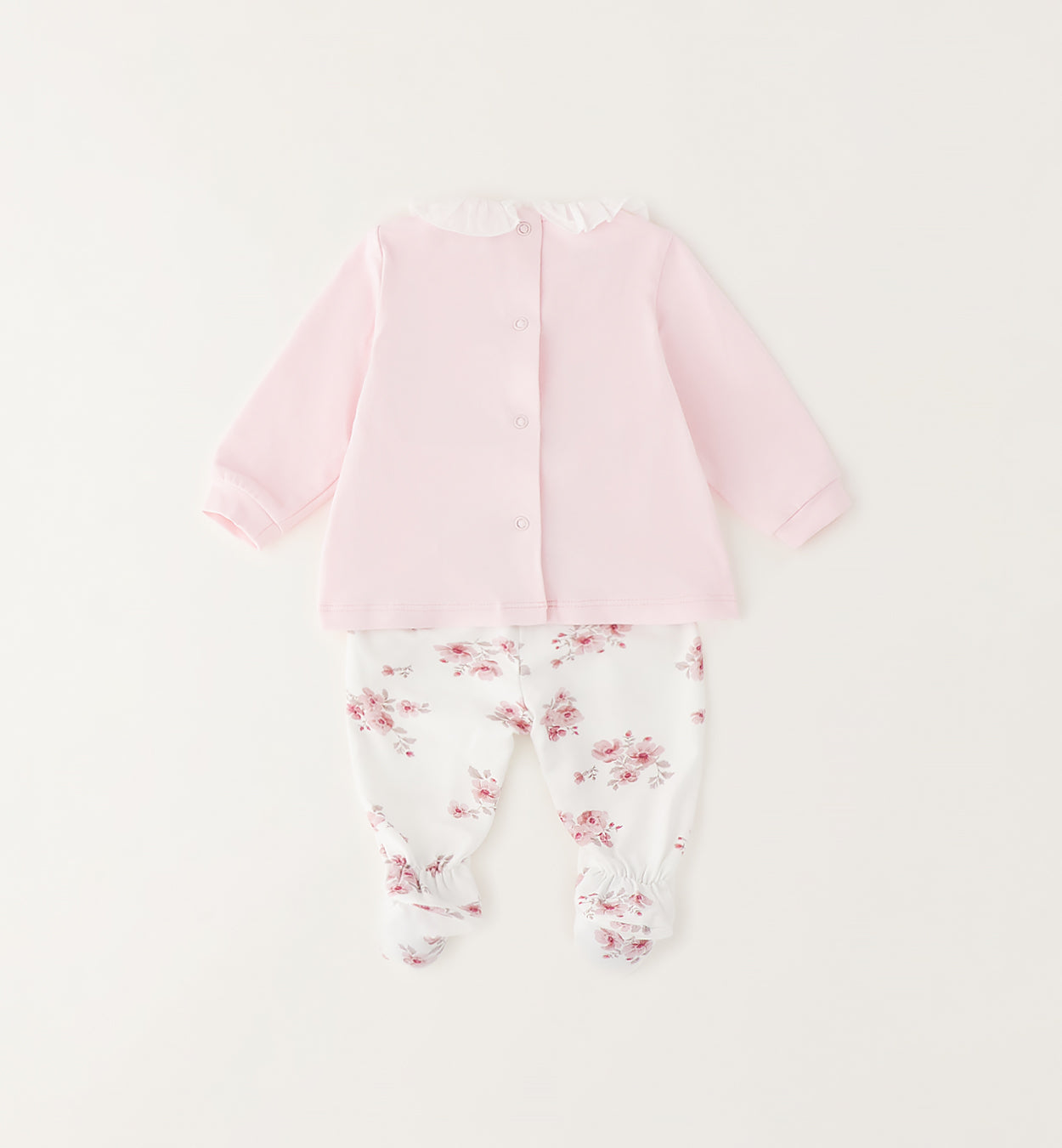Completo neonata due pezzi rosa con pantalone floreale e piedini