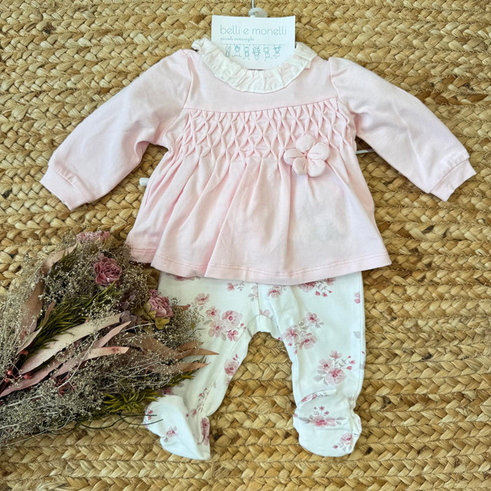 Tutina neonata 100% cotone rosa con lavorazione plissettata e ghettina floreale