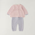 Completo neonata rosa e grigio in cotone e lana con fiocco, pantalone e cappellino coordinato.