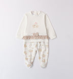 Completo neonata in cotone con stampa orsetti e pantaloni con piedini