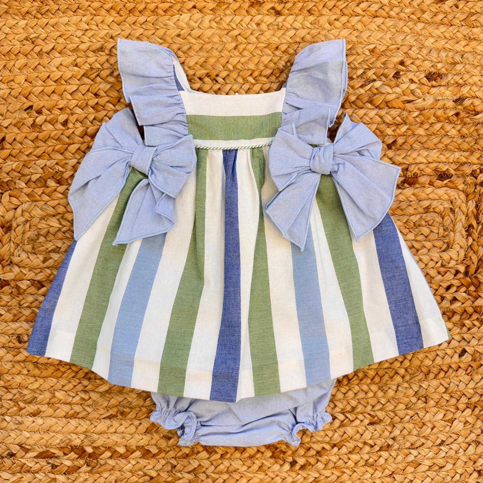 completo neonata cotone righe verde azzurro con fiocchi laterali