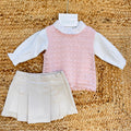 completo neonata elegante con gilet rosa in cotone e gonna in lino