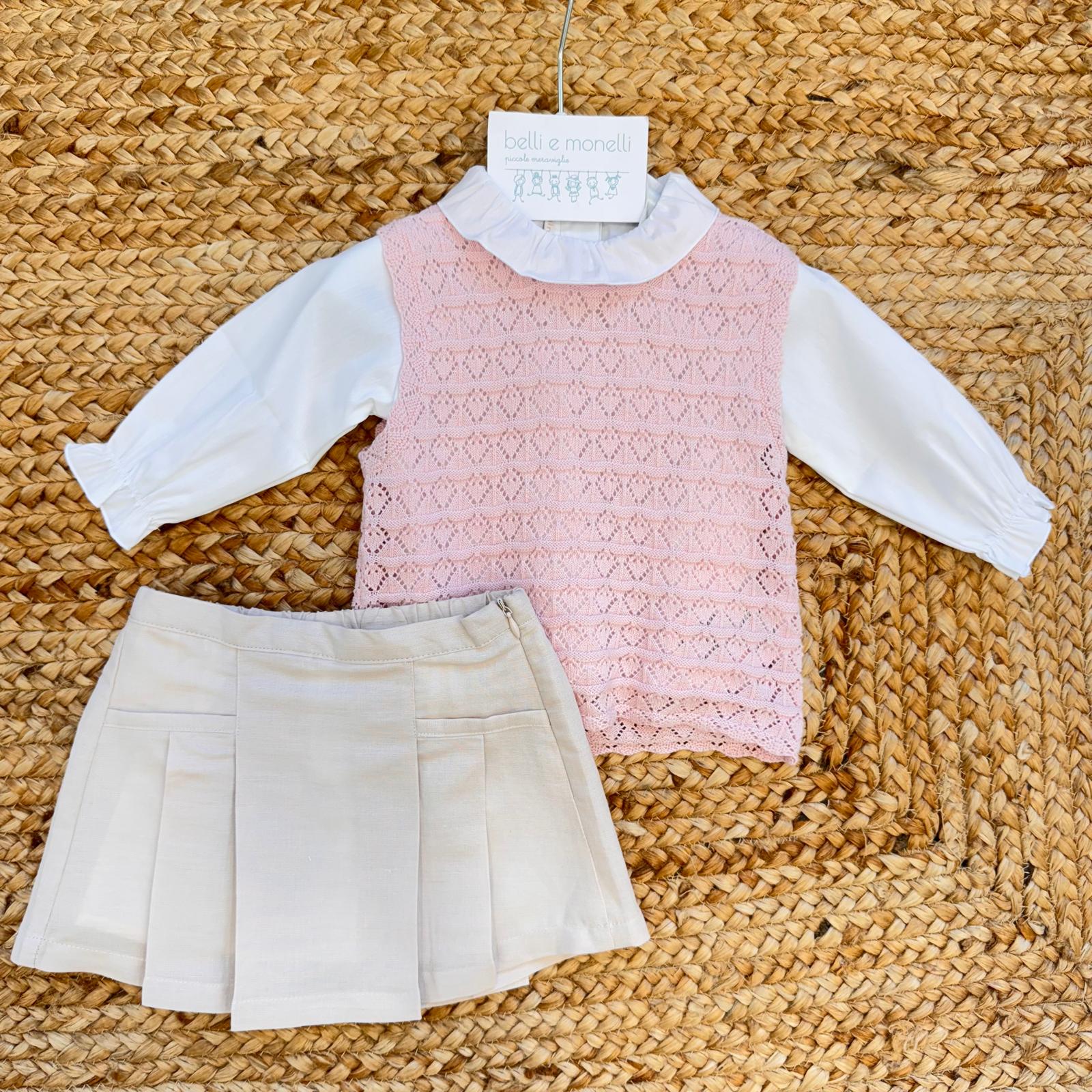 completo neonata elegante con gilet rosa in cotone e gonna in lino