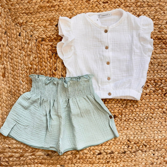 completo neonata estivo in cotone con top bianco e shorts verde salvia